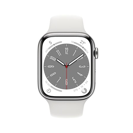 Apple Watch Series 8 GPS + Cellular 45 mm Gümüş Rengi Paslanmaz Çelik Kasa ve Beyaz Spor Kordon - Normal Boy - MNKE3TU/A